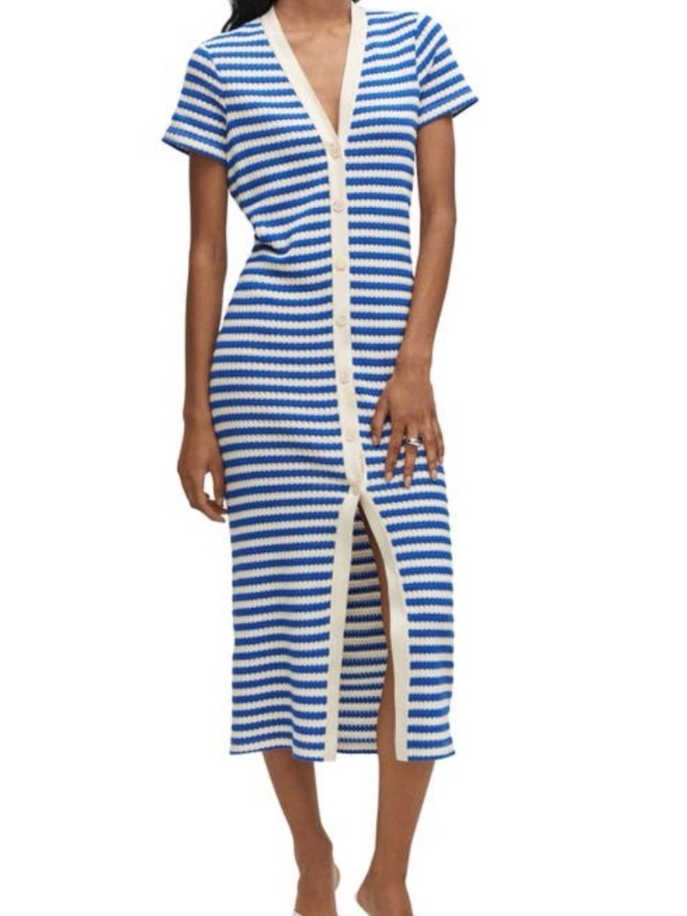 Mango Blue and White Striped Button-Front Midi Dress - Picture 2 of 5